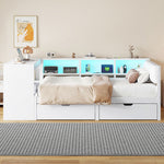 Platform Bed 140x200 with Shelves, Drawers & LED, White Wood