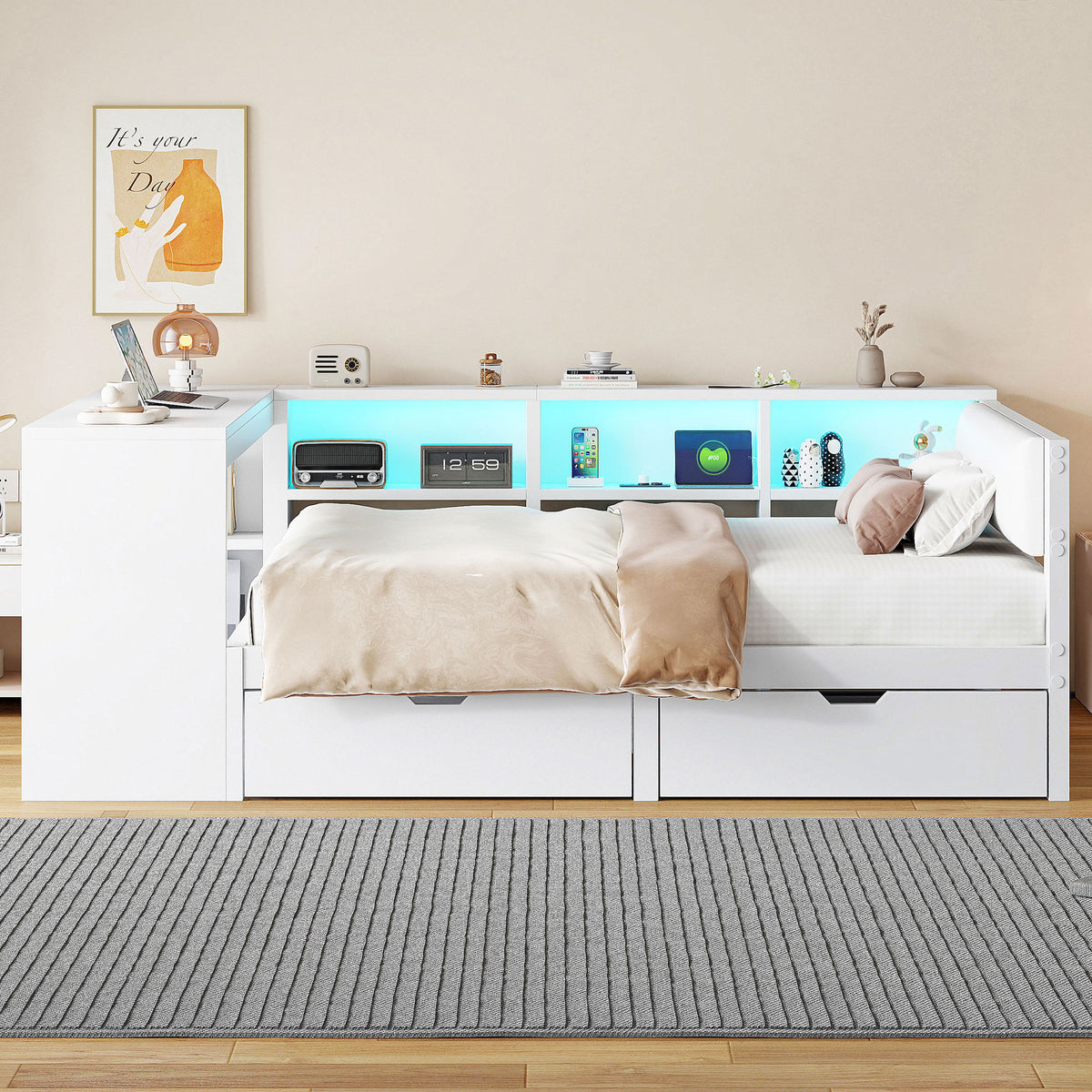 Platform Bed 140x200 with Shelves, Drawers & LED, White Wood
