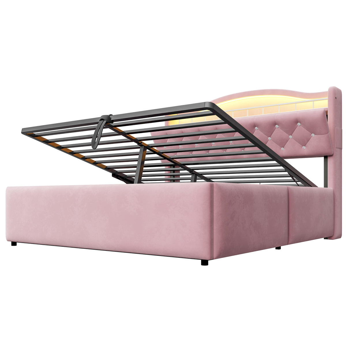 Upholstered Bed 140x200 cm with Storage & LED, Pink Velvet