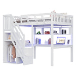 Solid Wood Bed 140x200 with Desk, Storage & LED - White