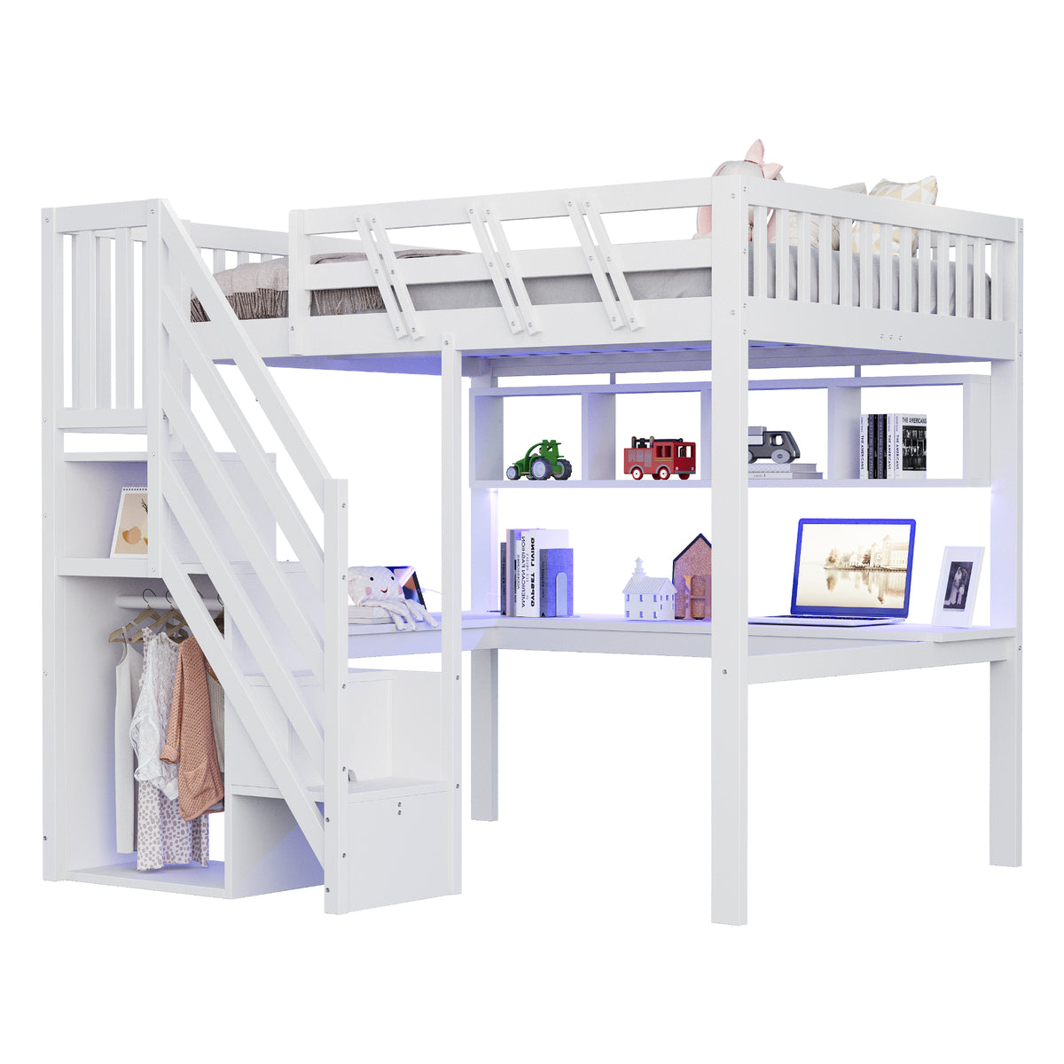 Solid Wood Bed 140x200 with Desk, Storage & LED - White