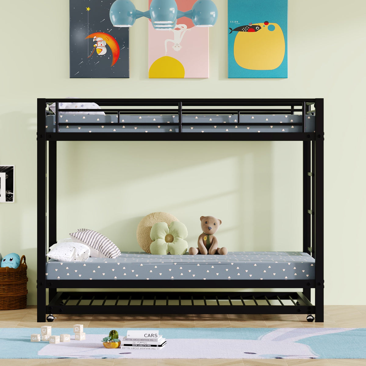 Bunk Bed 90x200cm with Pull-Out Bed Safety Railings EN747 Certified - Black Iron Frame