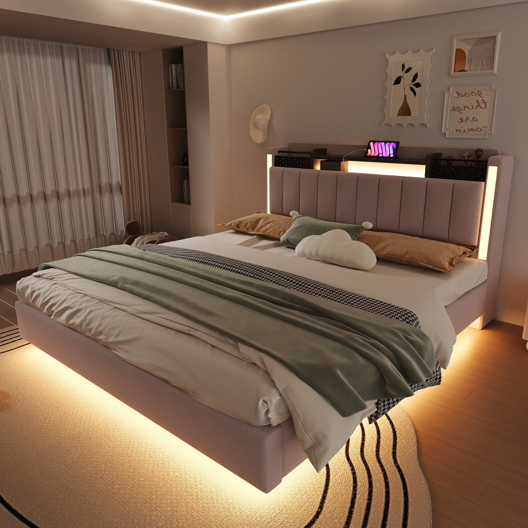Upholstered Bed, 160*200 LED, USB, Storage, Floating, Linen Fabric, Beige