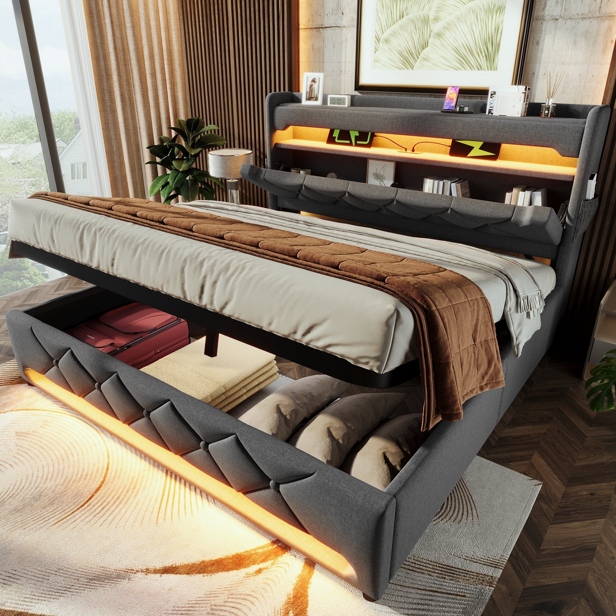 Upholstered Double Bed, 180*200, Storage Headboard with USB & Type-C, 360 LED, Hydraulic Storage, Gray Linen