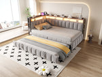 Upholstered Sofa Bed 90x200cm Pull-out LED Storage USB/Type-C Light Grey Velvet