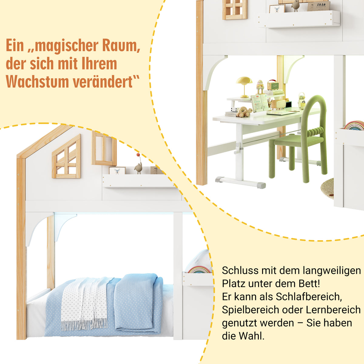 House Bunk Bed 90x200cm with LED & Storage Stairs, White+Natural