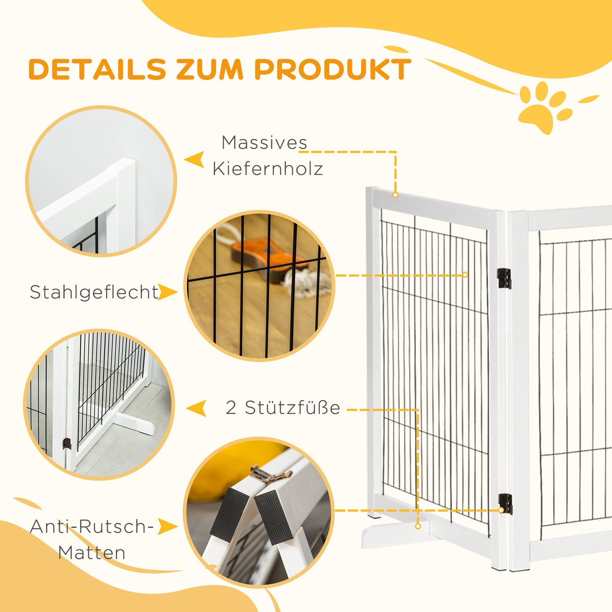Wooden Dog Gate, Safety Gate, 305 x 35.5 x 82 cm, White Steel