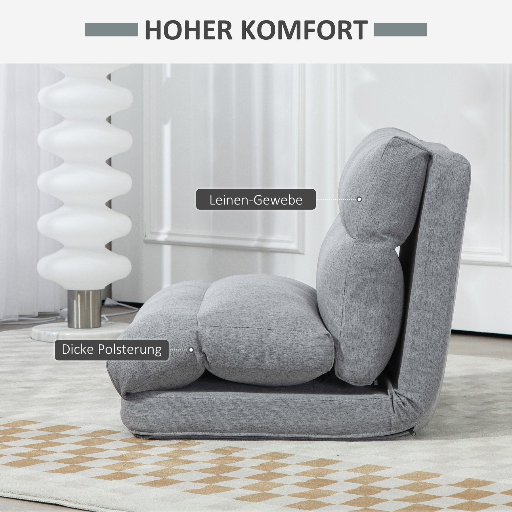 Folding Floor Chair, 6-Position Adjustable Backrest Bed Function Thick Cushion, Linen Look Grey
