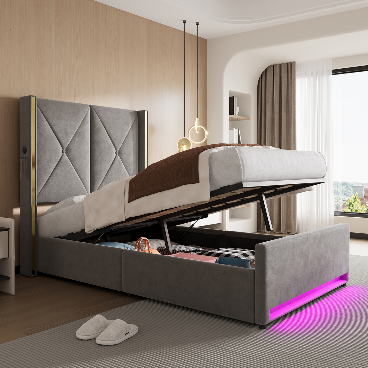 Storage Bed 90x200cm with LED, USB & Hydraulic Storage, Velour