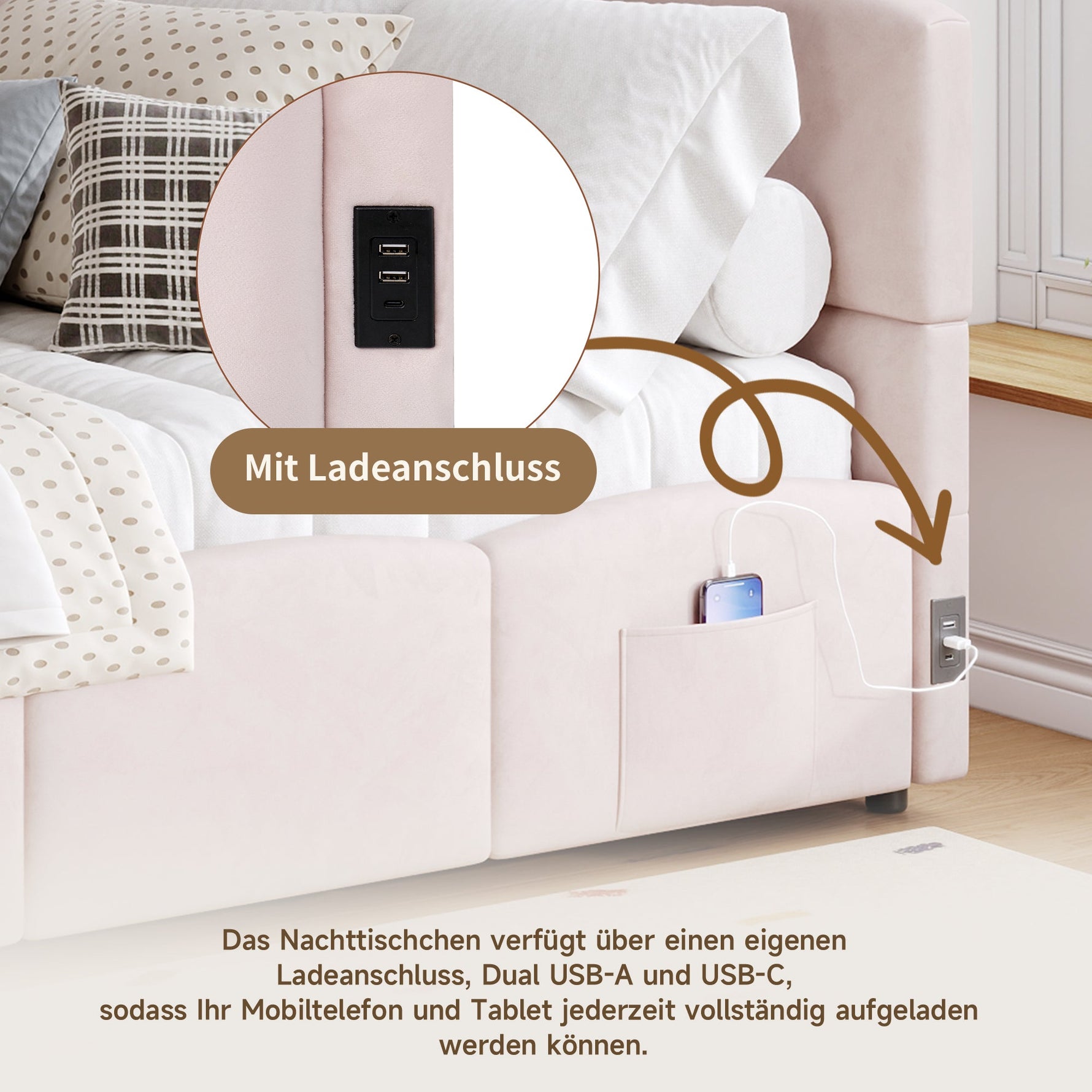 Upholstered Bed with USB Charger and Storage, 90x200cm, Pink Velvet