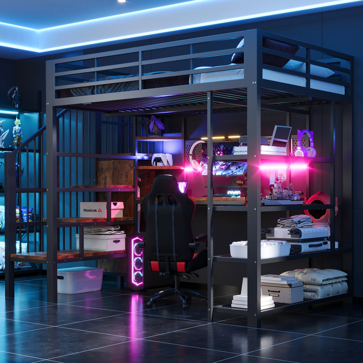 Iron Loft Bed 140x200cm with Desk, Pegboard & LED, Black