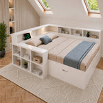 Wooden Double Bed 140x190cm with Storage & USB, White