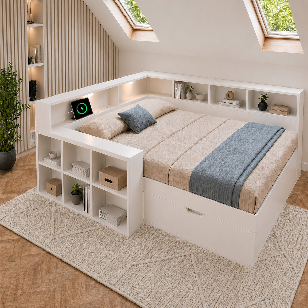 Wooden Double Bed 140x190cm with Storage & USB, White
