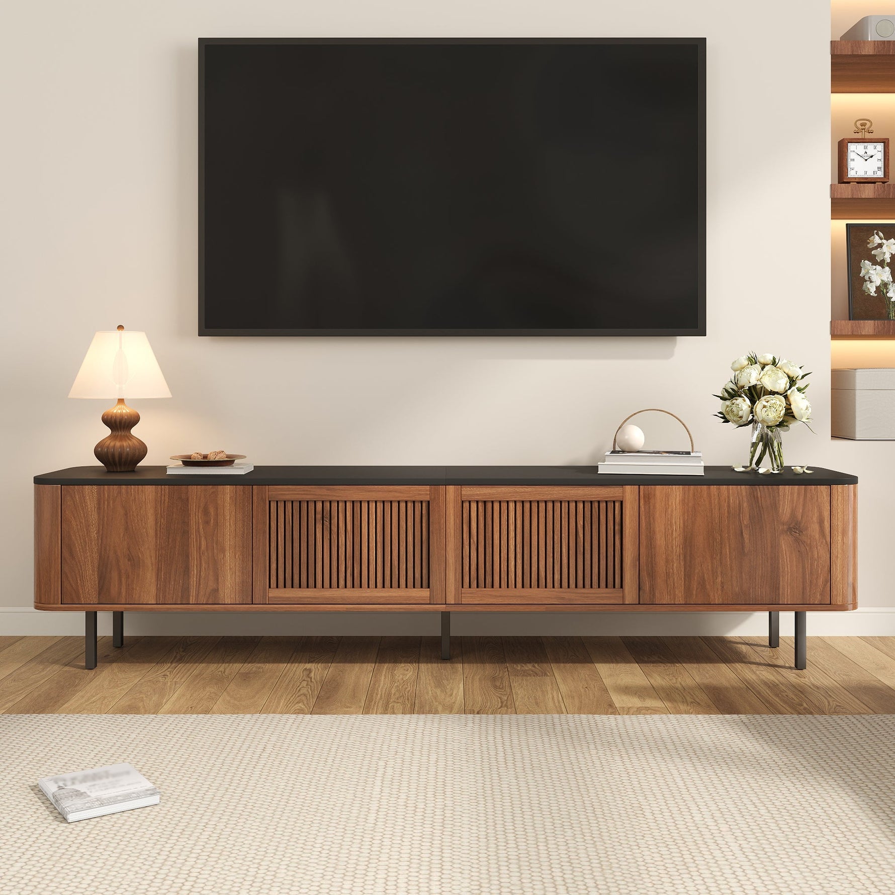 Modern TV Cabinet with Gitter Doors and Storage, Black and Walnut Wood