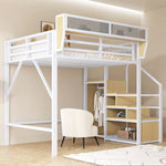 Loft Bed 140x200 with Safety Ladder & Storage, White Metal