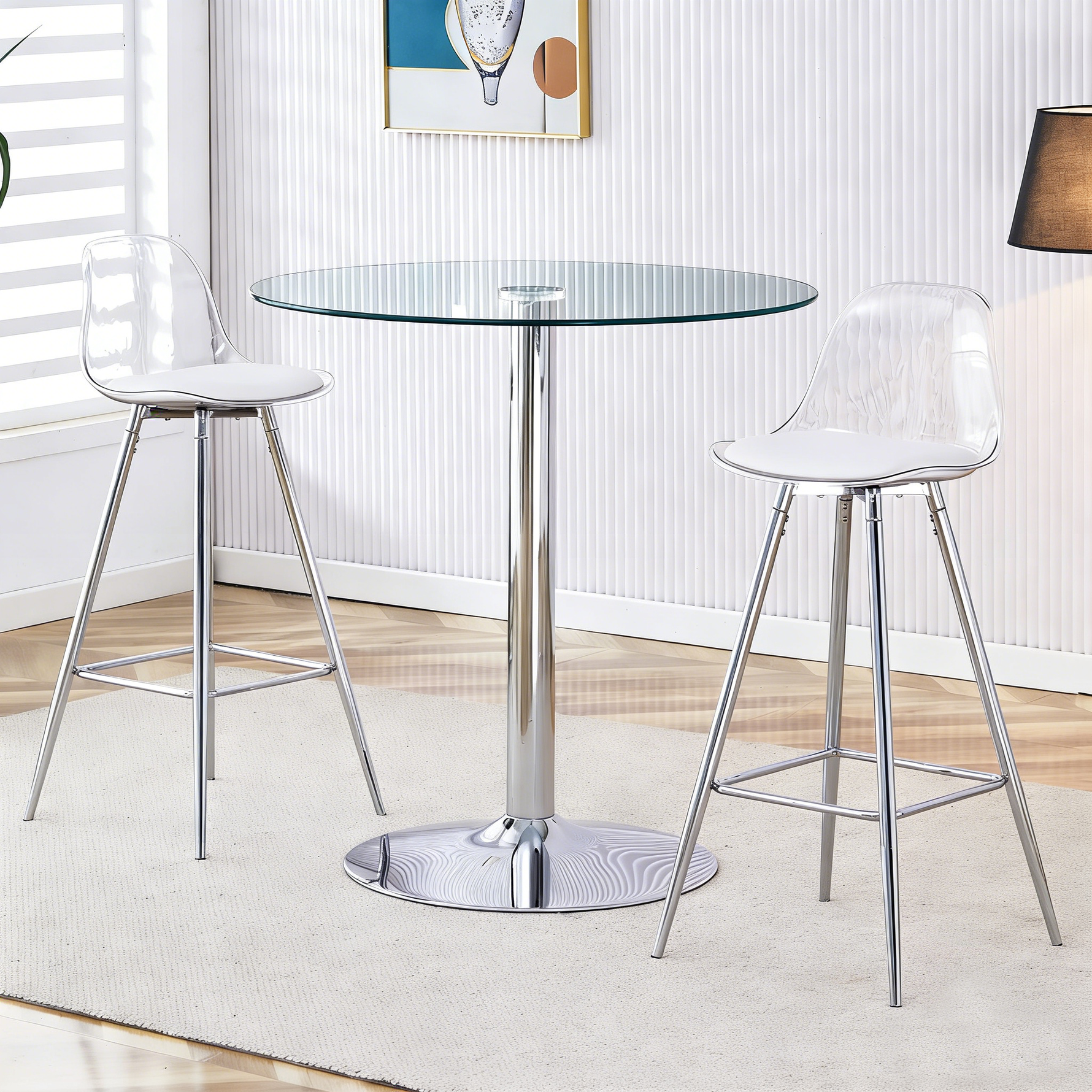 Flexible Bar Set Round Glass Table 89cm 2 Stools - Glass/Silver Legs