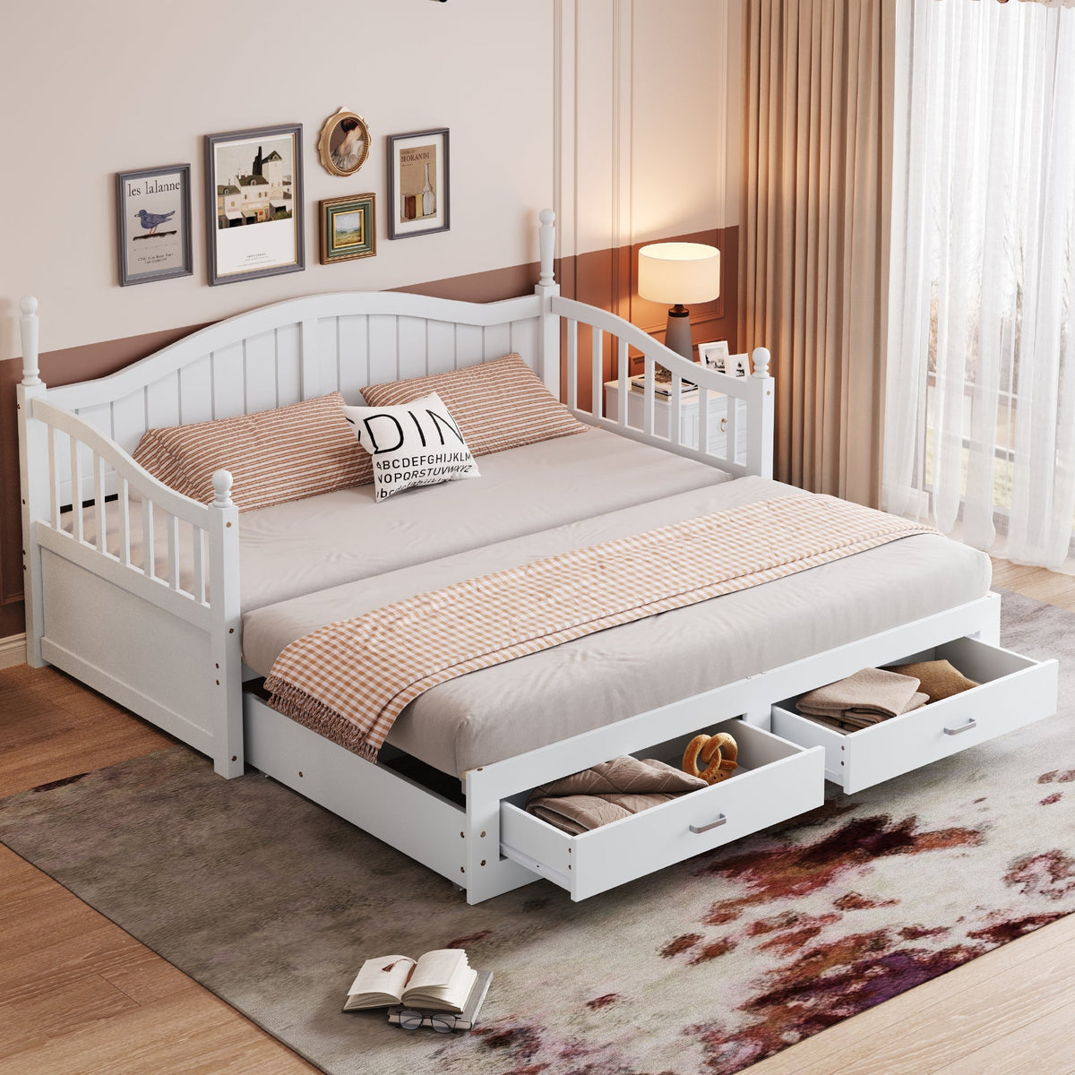 Sofa Bed, Pull-Out Multifunctional with Drawers & Slatted Frame, Pinewood White