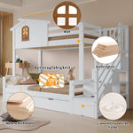 Bunk Bed, Two Drawers, Corner Ladder, Pine + MDF + Plywood, White + Natural
