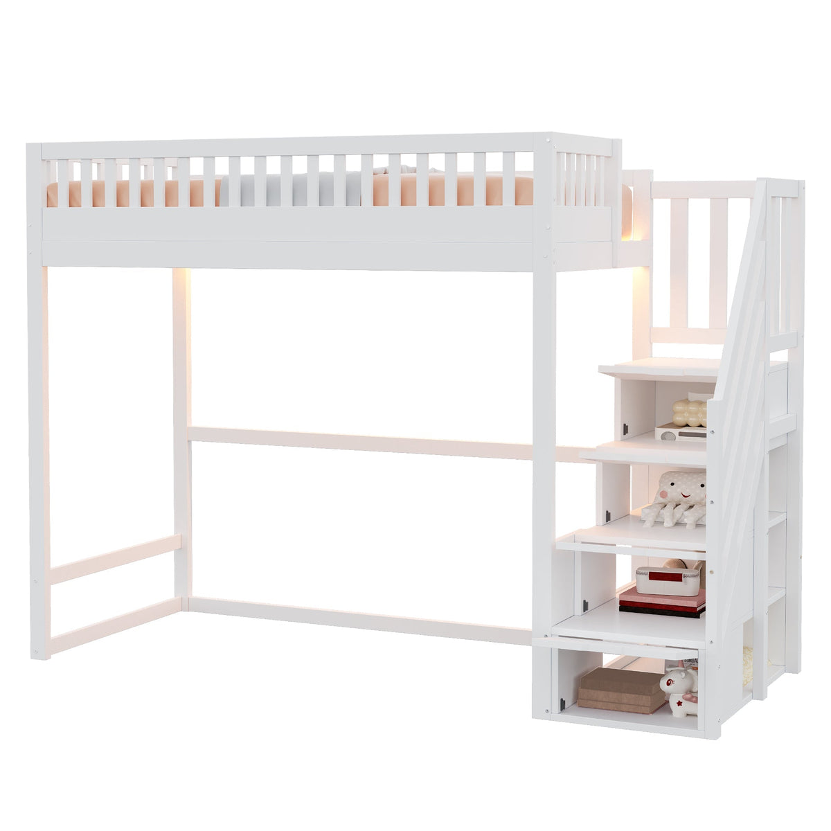 Loft Bed with LED Light Strip and Interchangeable Safety Ladders, 90x200cm, White Solid Pine Wood