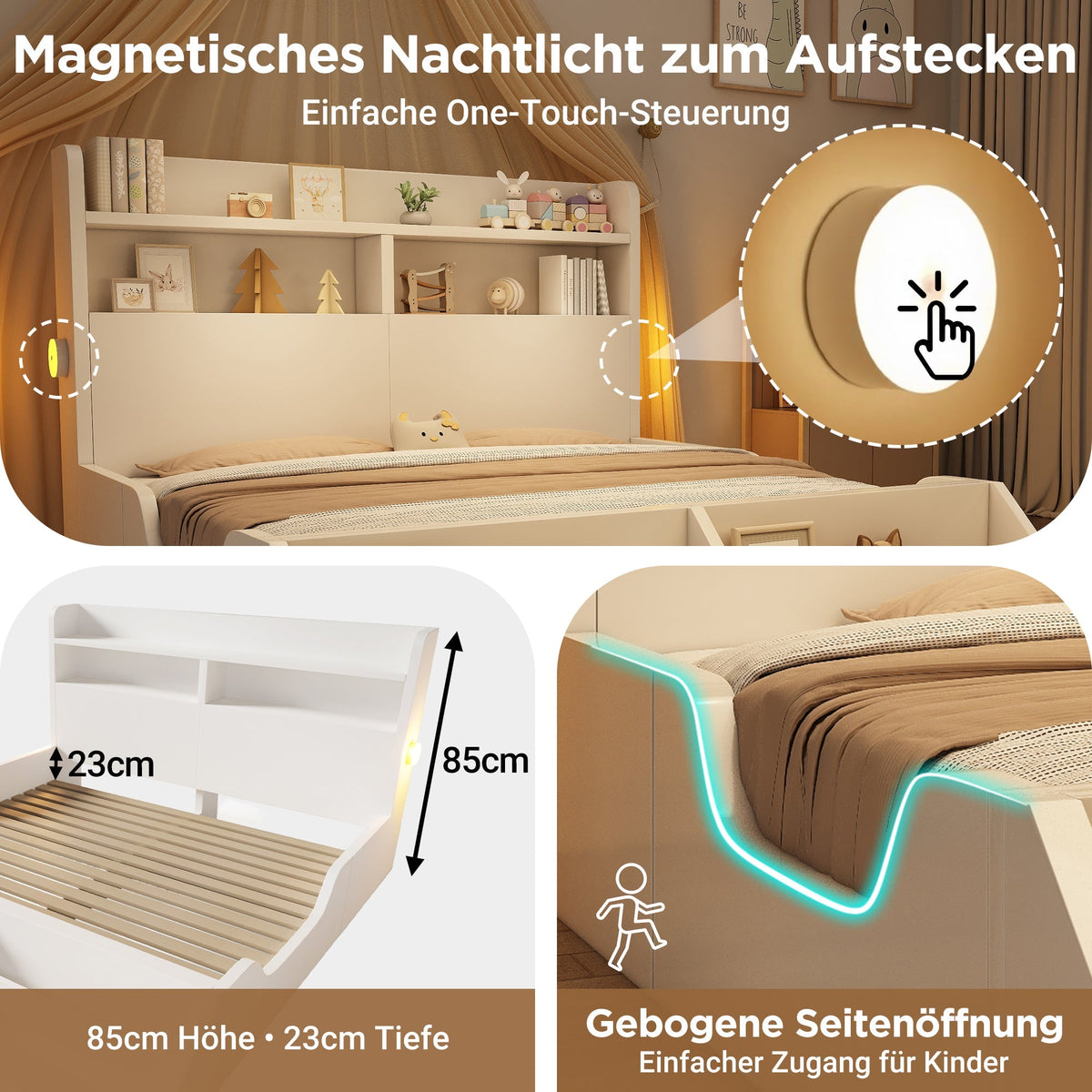 Wooden Double Bed 140x200cm Youth Bed with Shelves Nightlights Bookshelf Pure White