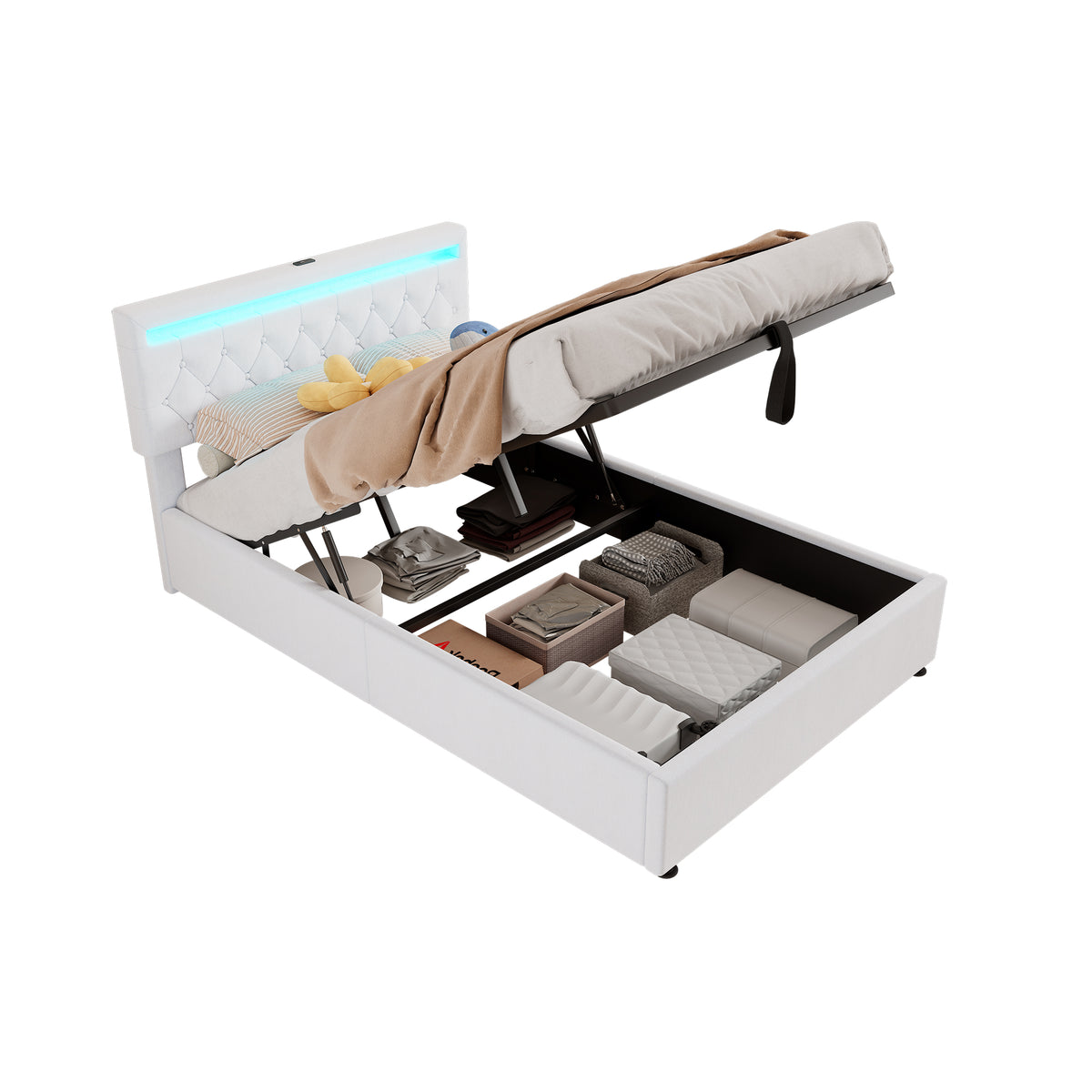 Upholstered Flat Bed 140x200cm with Storage & USB - White