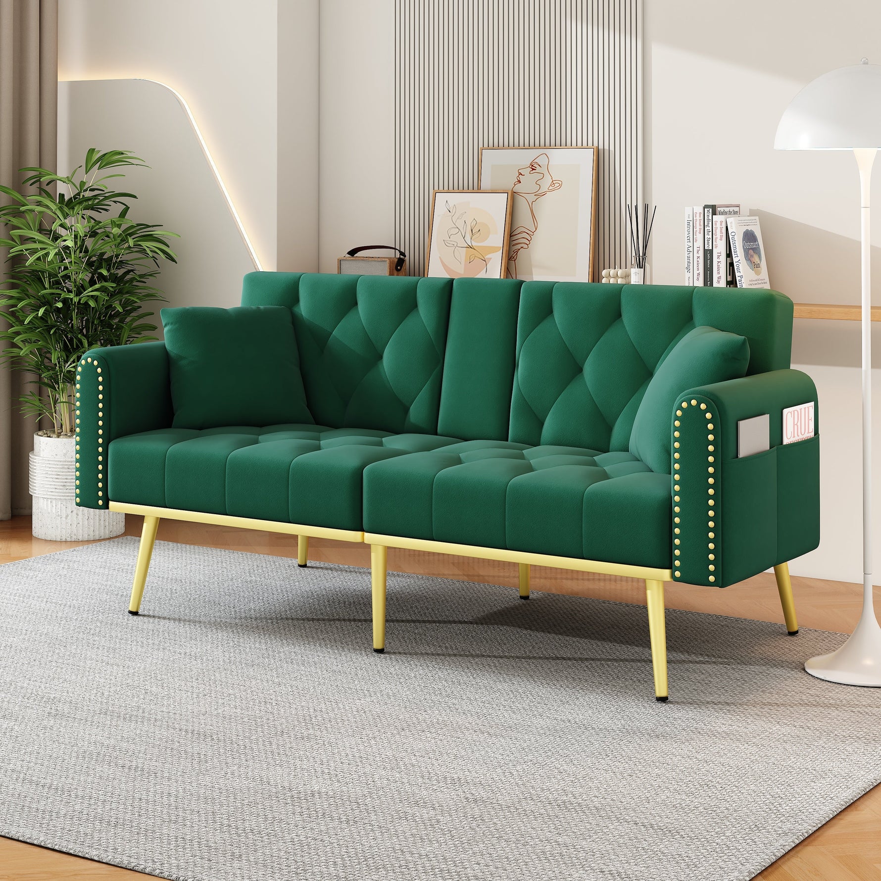 Double Fold-out Sofa Bed Reclining 3-Angle Cup Holders - Fabric Green