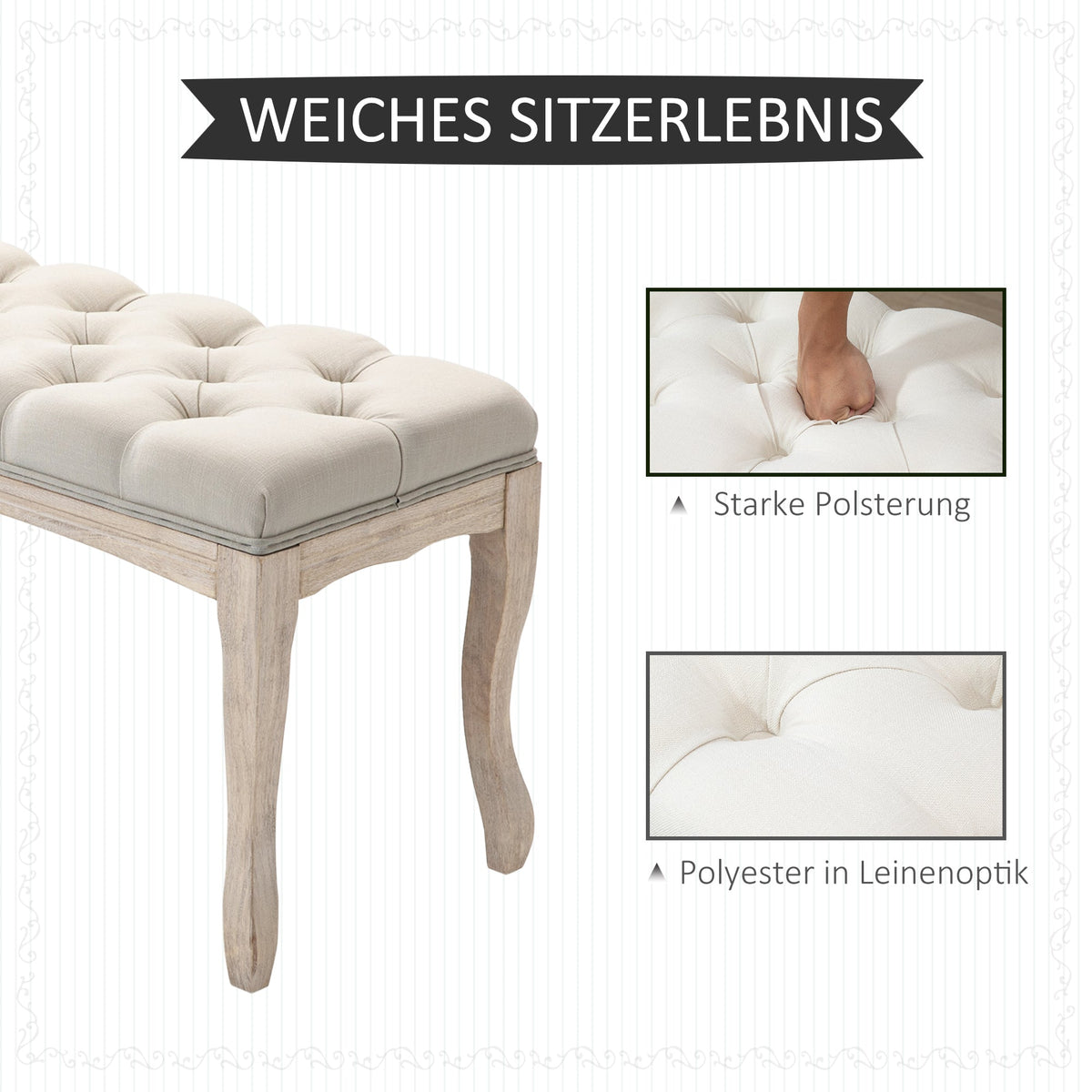 Upholstered bench vintage bed bench for bedroom & living room, rubberwood with linen cover, beige