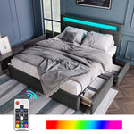 Bed Frame, 140x200cm, LED, 4 Drawers, Adjustable Headboard, Wooden Slats, Grey