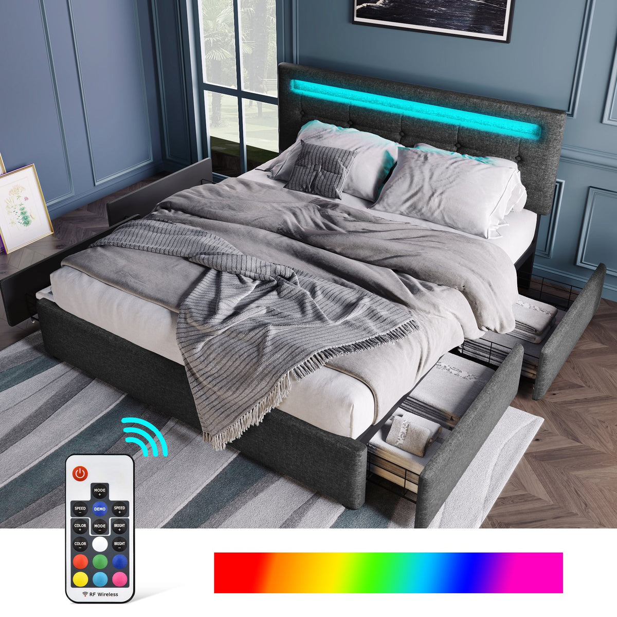 Bed Frame, 140x200cm, LED, 4 Drawers, Adjustable Headboard, Wooden Slats, Grey