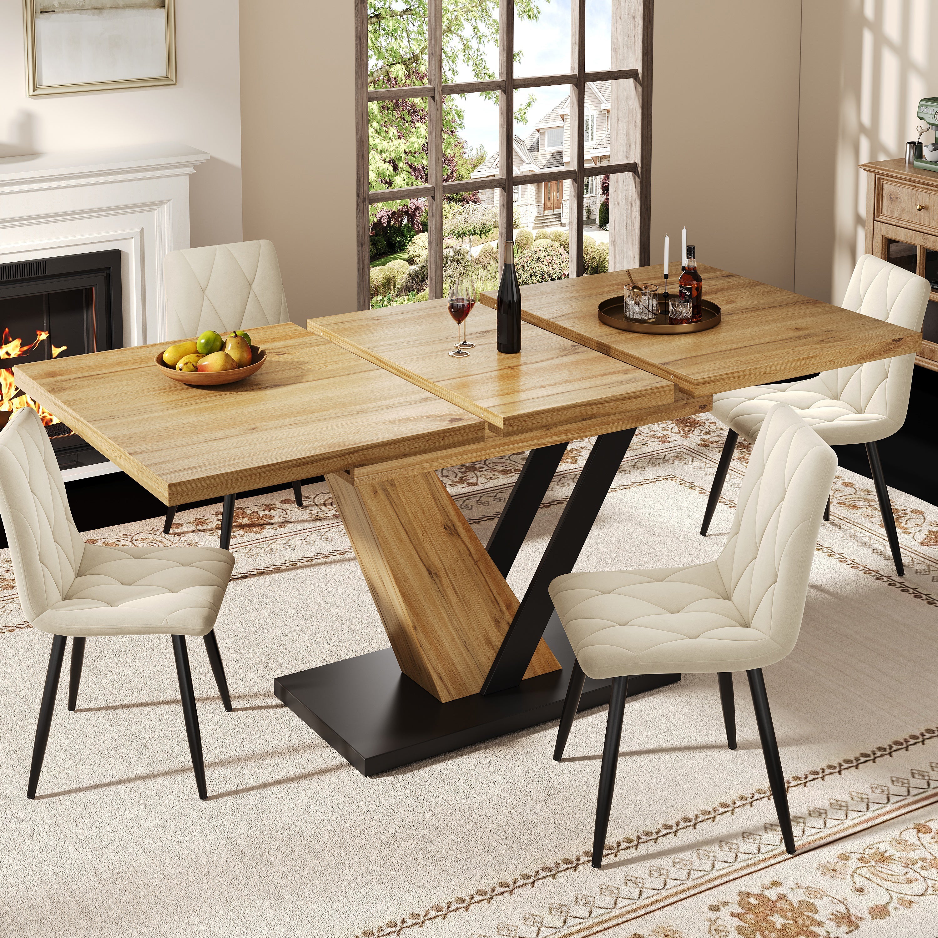 Extendable Dining Table with Internal Leaves and Seats 4-6, Wood Grain Finish