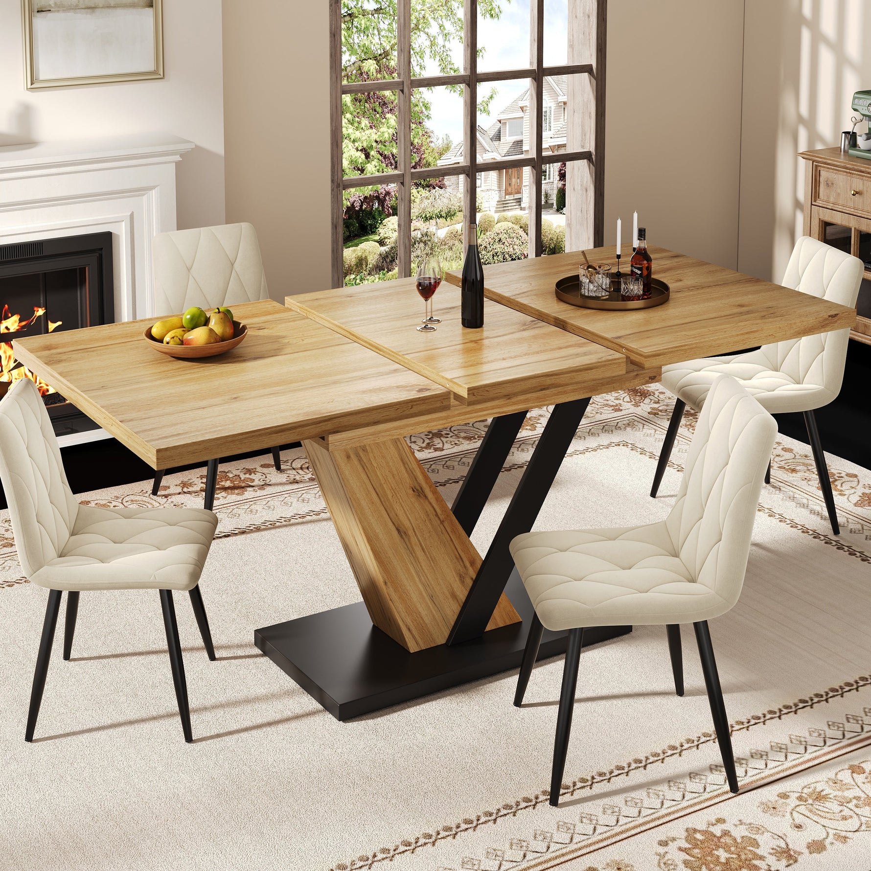 Extendable Dining Table with Internal Leaves and Seats 4-6, Wood Grain Finish