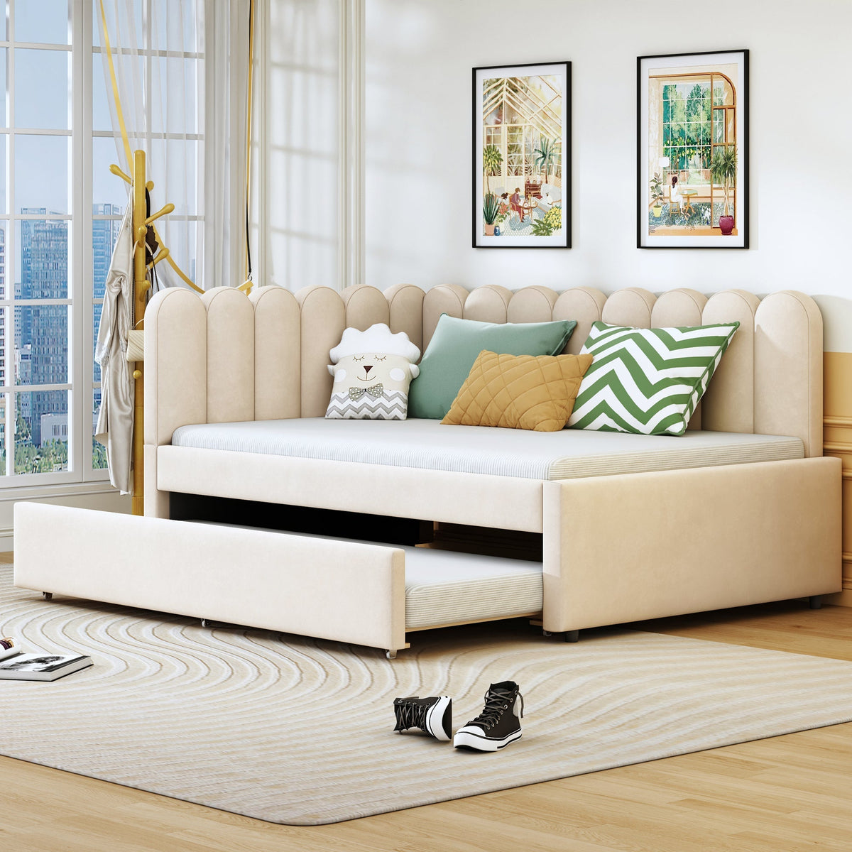 L-shaped Upholstered Bed, Sofa Bed 140x200 cm, Floral Backrest, Pull-Out Bed, Beige Velvet