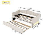 Daybed with Pull-Out Trundle Bed and LED Lighting, 90x200cm, Beige Linen
