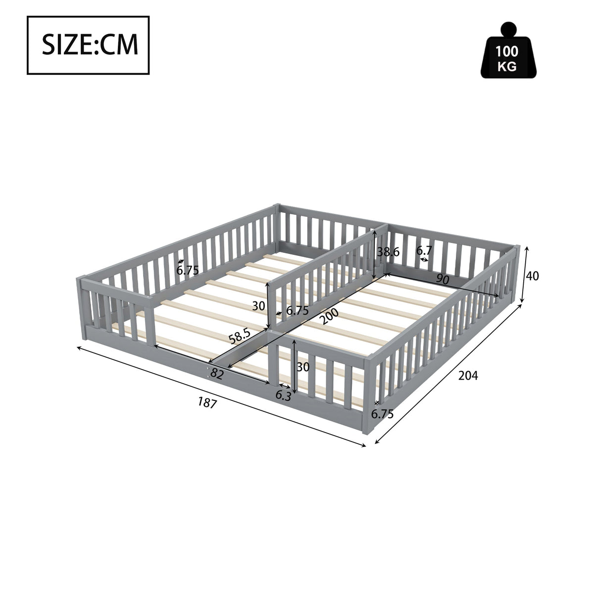 Panel Bed with Guardrails and Slatted Base, 90 x 200 cm, Grey Pine Wood