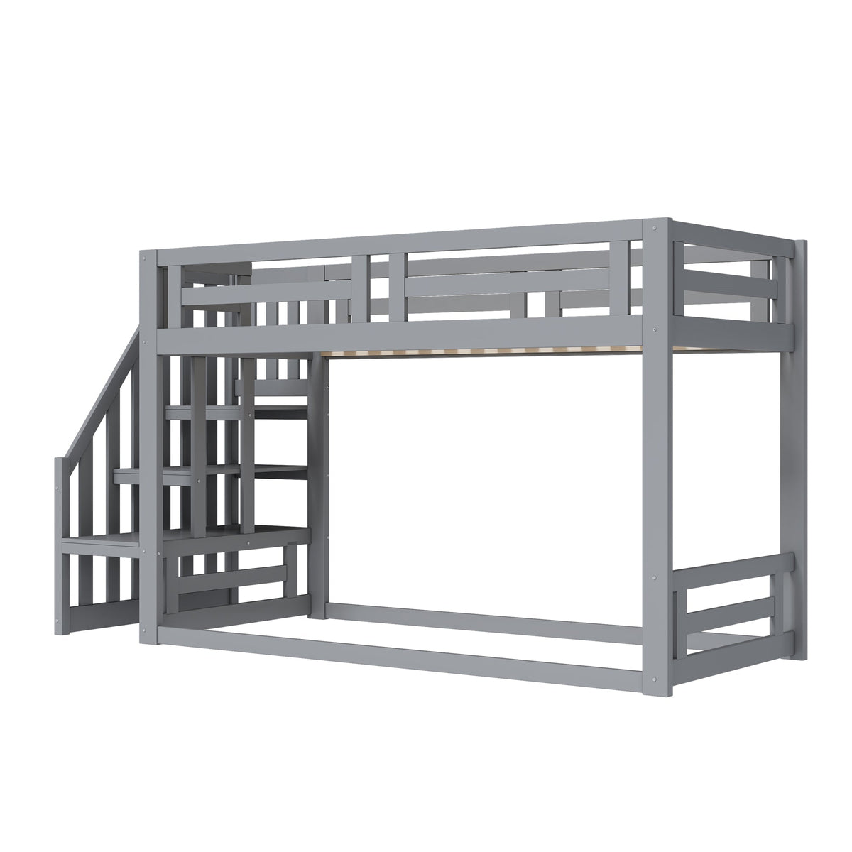 Children's Bed, Low Bunk with Safety Stairs, Solid Wood Gray