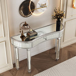 Half-Moon Mirrored Console Table with Fluted Glass and Crystal Knob Drawer, Grey and Silver