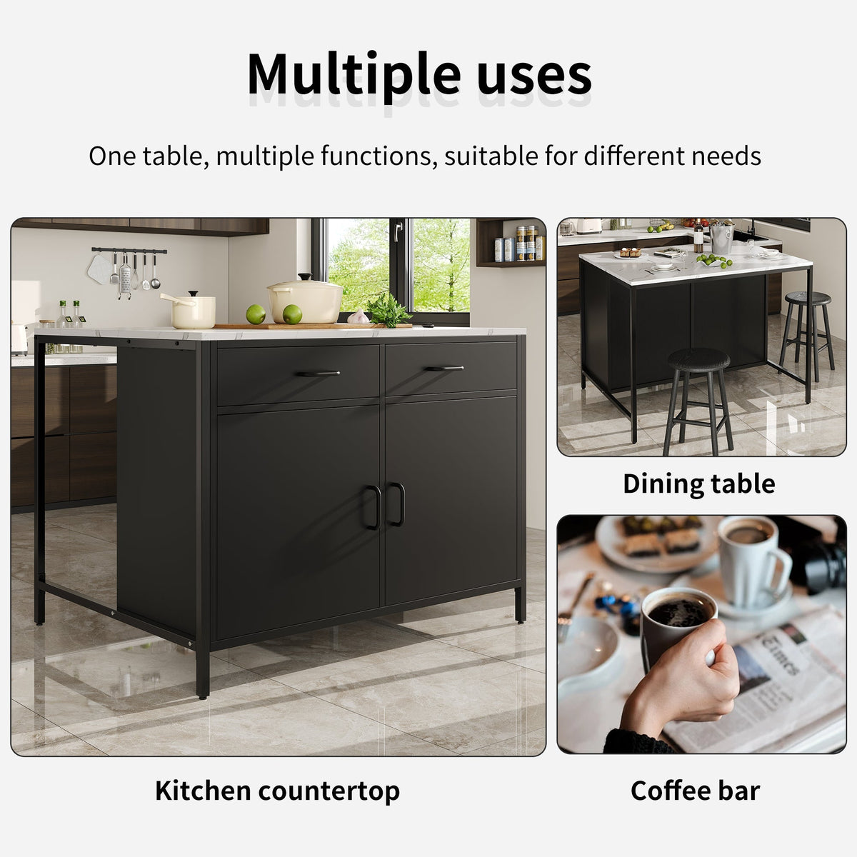 Black Bar Table with Marble Texture Tabletop and Adjustable Feet, MDF