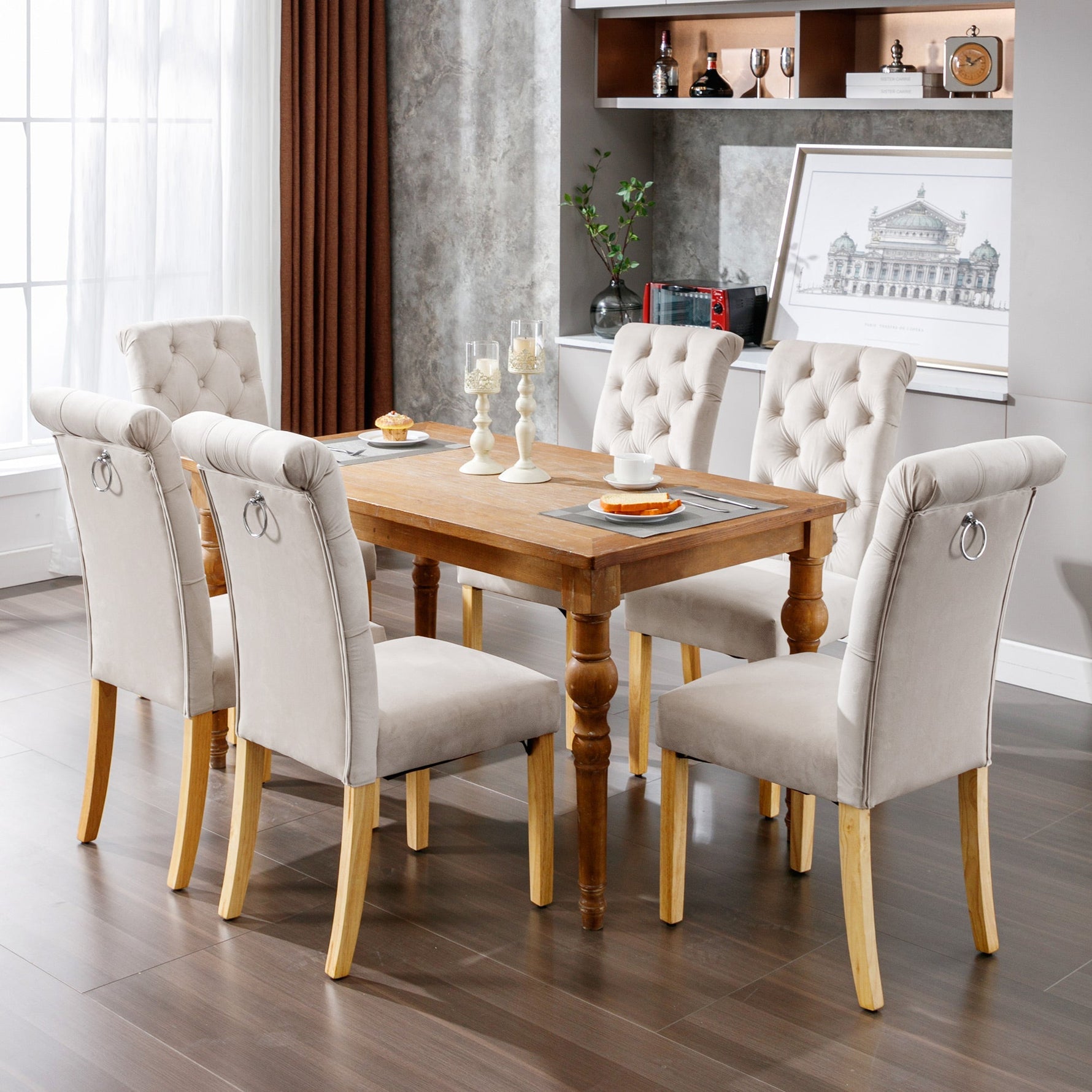 Velvet Dining Chairs Set of 4 with Oak Legs and Chrome Knocker Beige