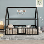 Metal Bed Frame 140x200 cm with House Trim & Railing, Black