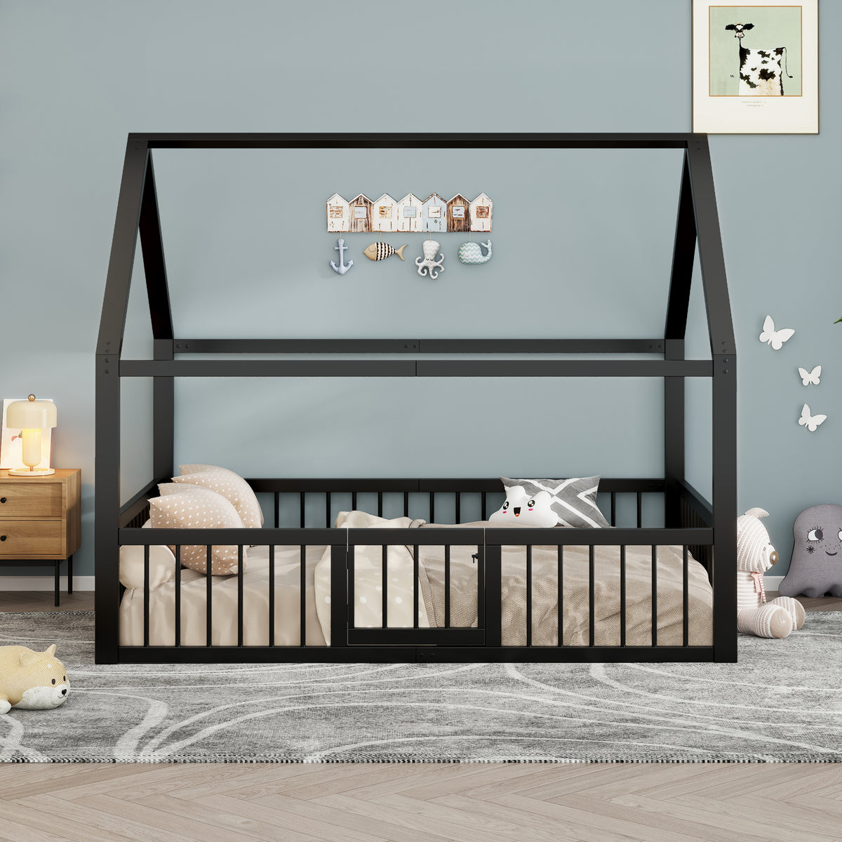 Metal Bed Frame 140x200 cm with House Trim & Railing, Black