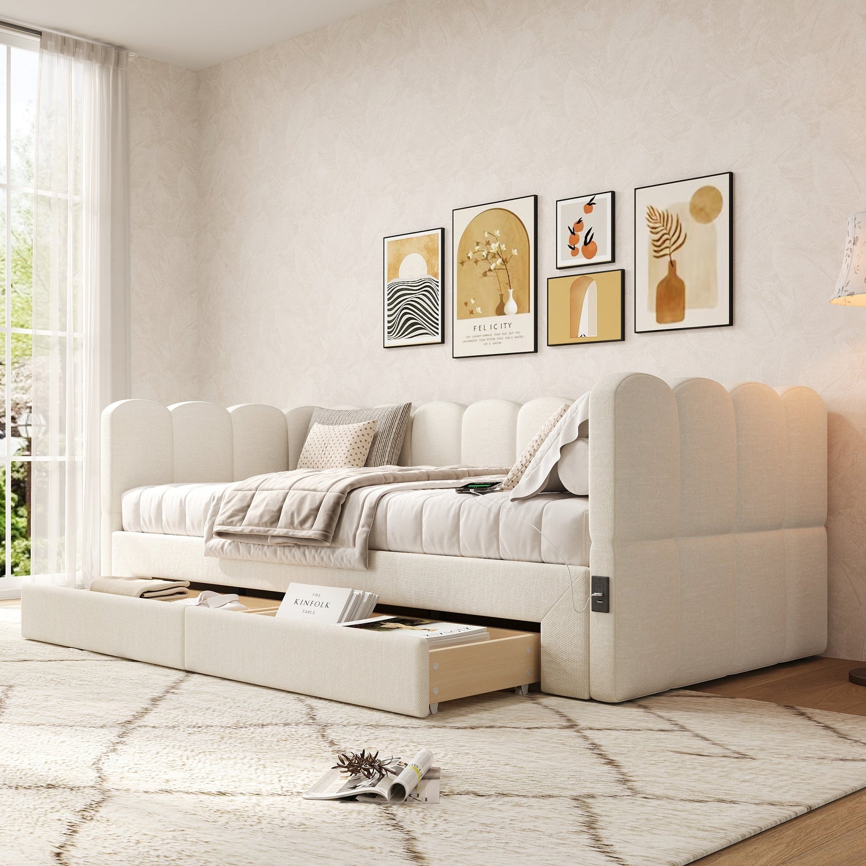 Upholstered Daybed with 2 Storage Drawers and USB Port, Beige Linen