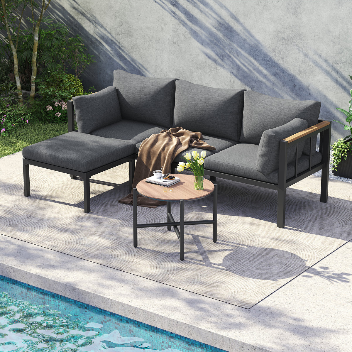 Garden Furniture Set Corner Suite with Sofa, Table & Stool, Grey