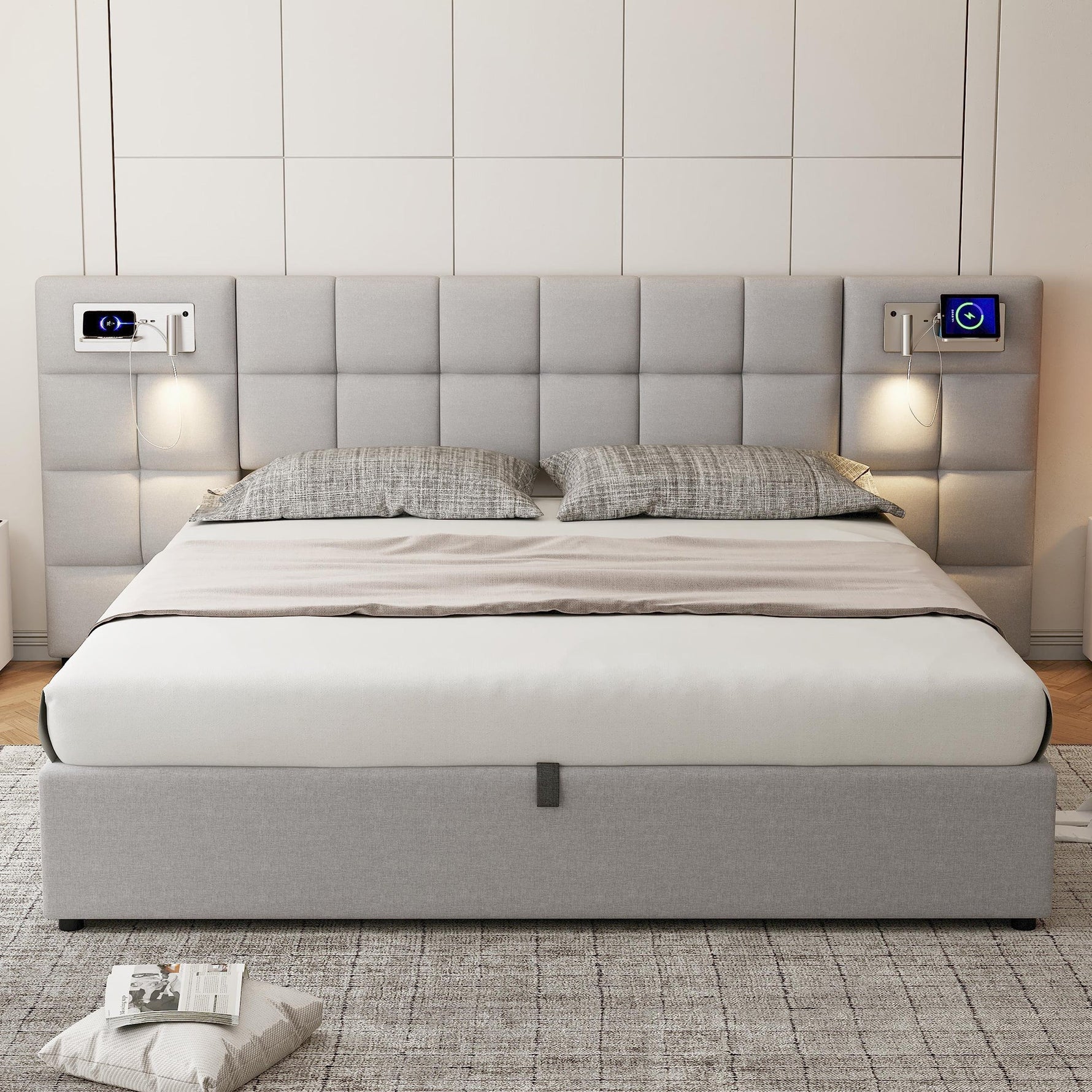 Upholstered Bed 180x200cm Hydraulic Storage USB Wireless Charging Lamp - Linen Grey