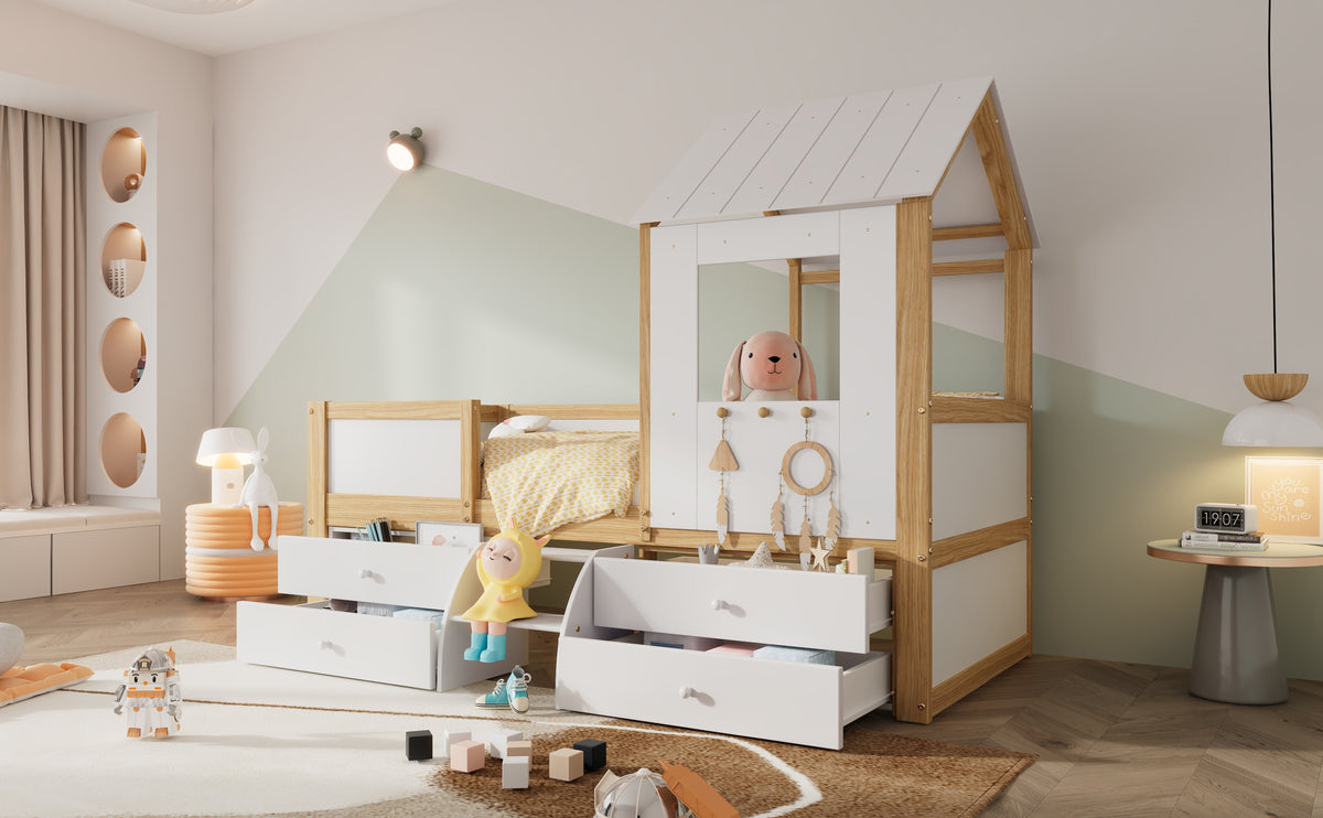 Children's Bed, Half-Height House Bed with 4 Drawers & Stairs, Pine+MDF+Plywood, White+Natural, 90x200cm