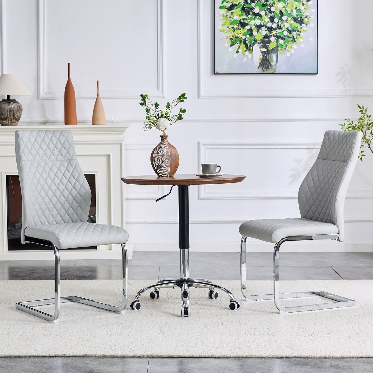 Dining Chairs Set of 2 with High Backrest and Diamond Pattern, Light Grey PU Leather