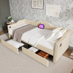 Upholstered Bed, Daybed Sofa Bed with USB C & 2 Drawers, 90x200cm Beige Velvet