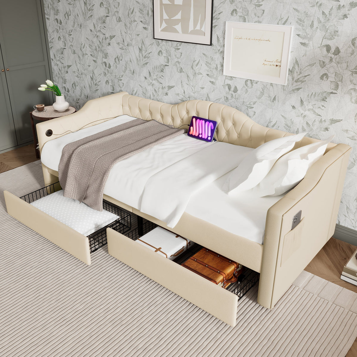 Upholstered Bed, Daybed Sofa Bed with USB C & 2 Drawers, 90x200cm Beige Velvet