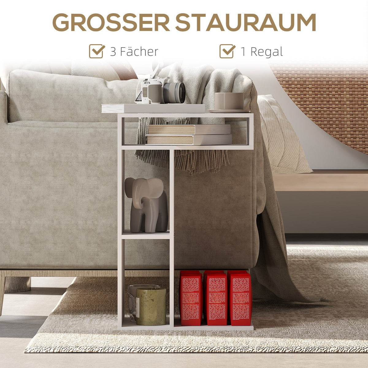 Side Table with Wheels, 4 Shelves, White