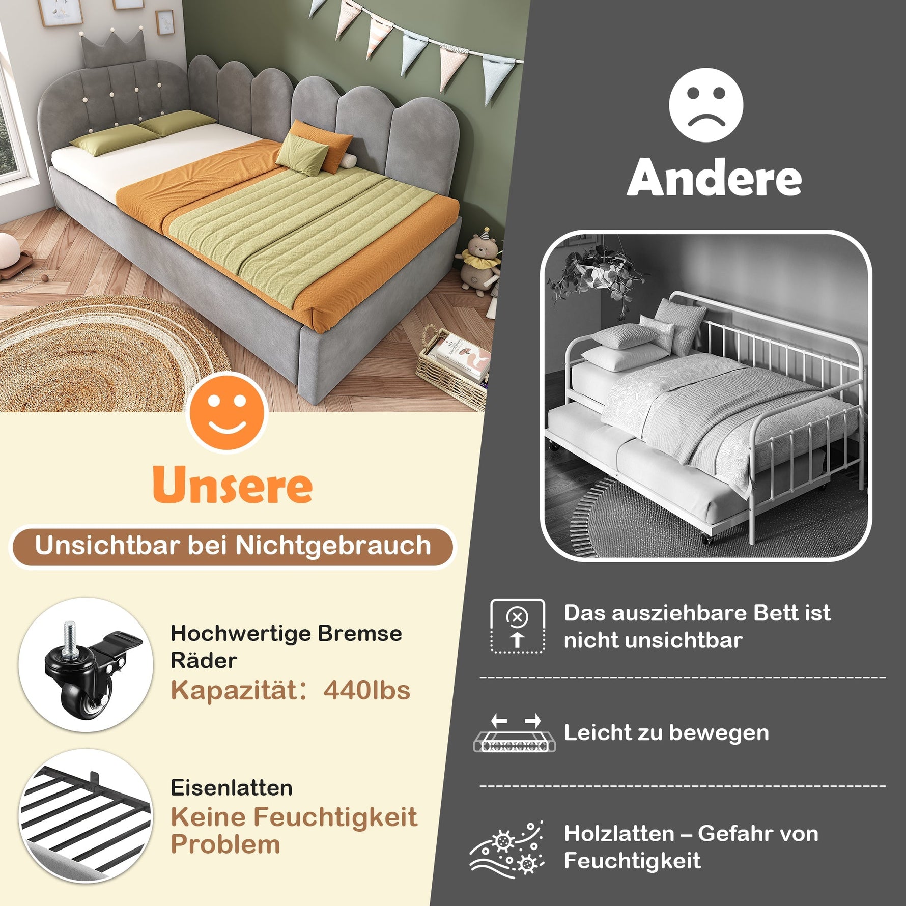 L-Shape Sofa Bed with Pull-Out Guest Bed and Crown Lattice Design, 90x200cm, Grey Velvet