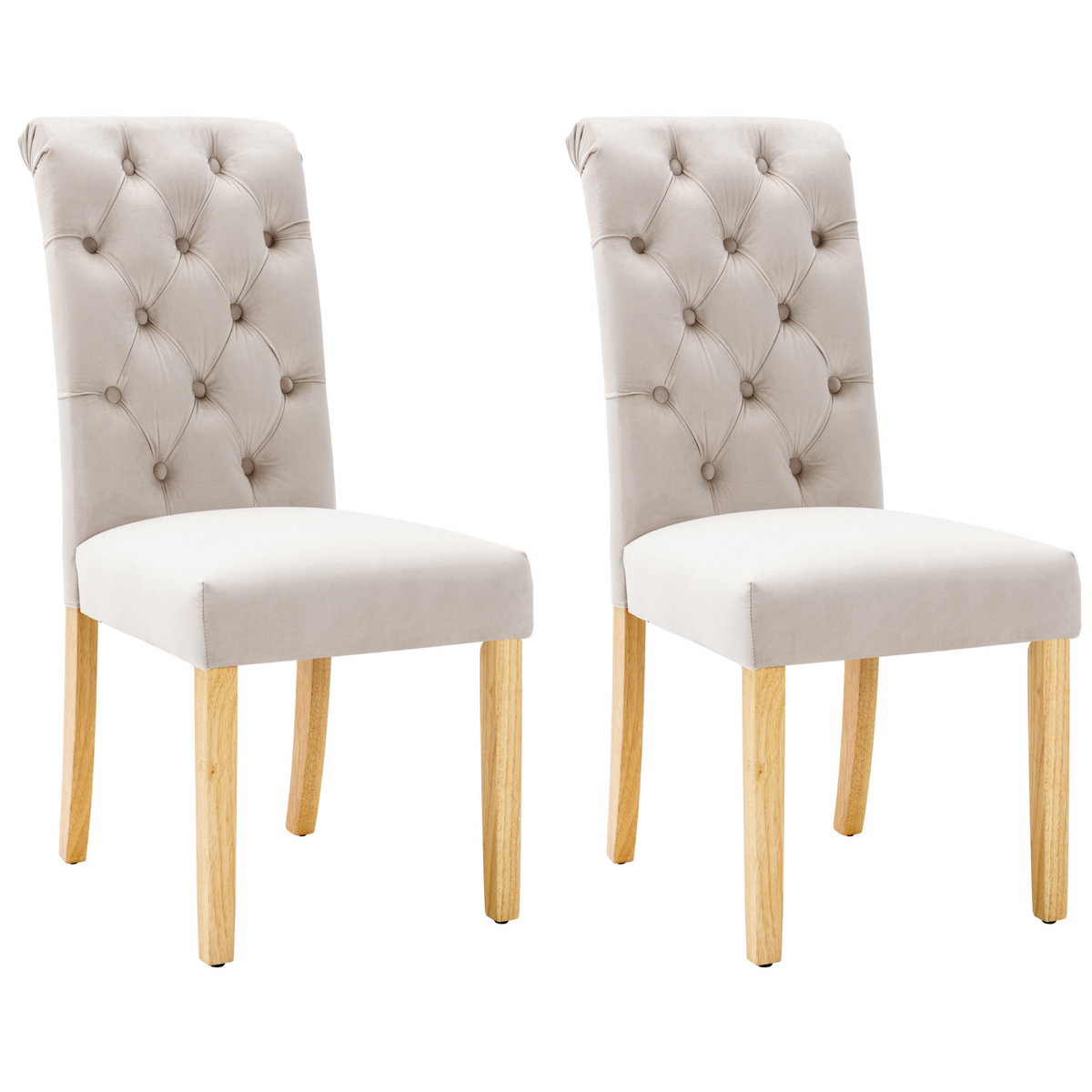 Velvet Dining Chairs Set of 2 with Oak Legs and Chrome Knockers, Beige Velvet